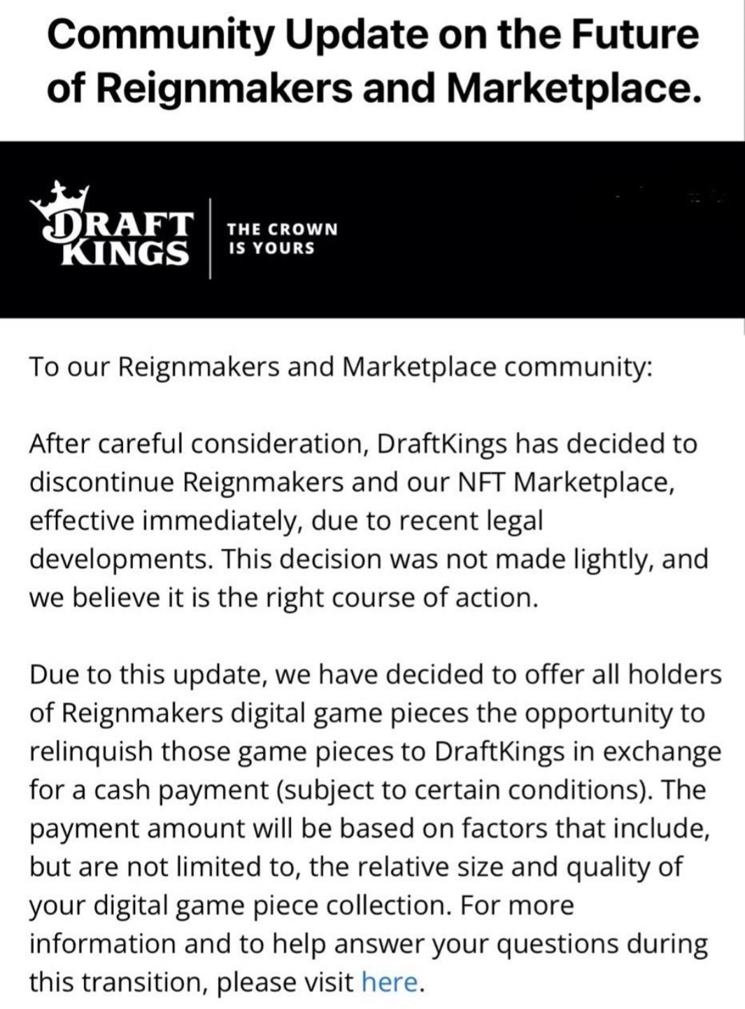 Ảnh chụp màn hình email từ DraftKings thông báo kết thúc Reignmakers và thị trường NFT của họ.