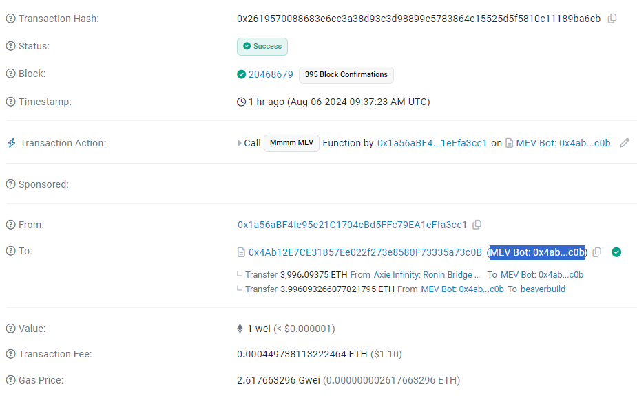 Transaction 0x261, $9.8M Ronin drain