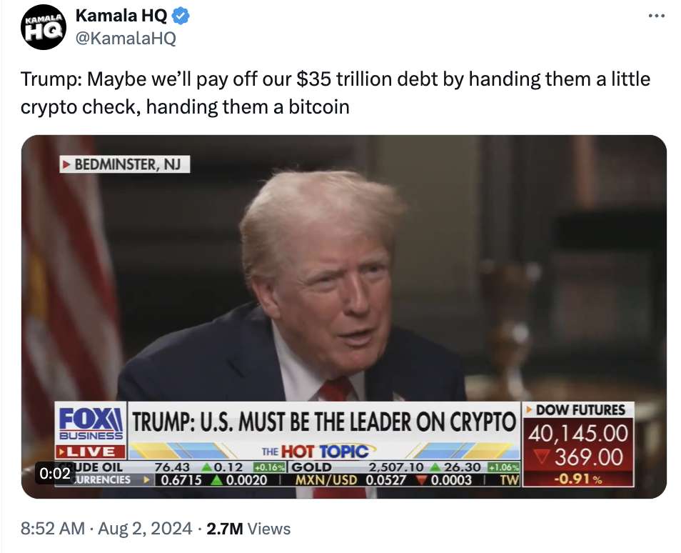 Harris campaign posting a Trump interview on Bitcoin to X