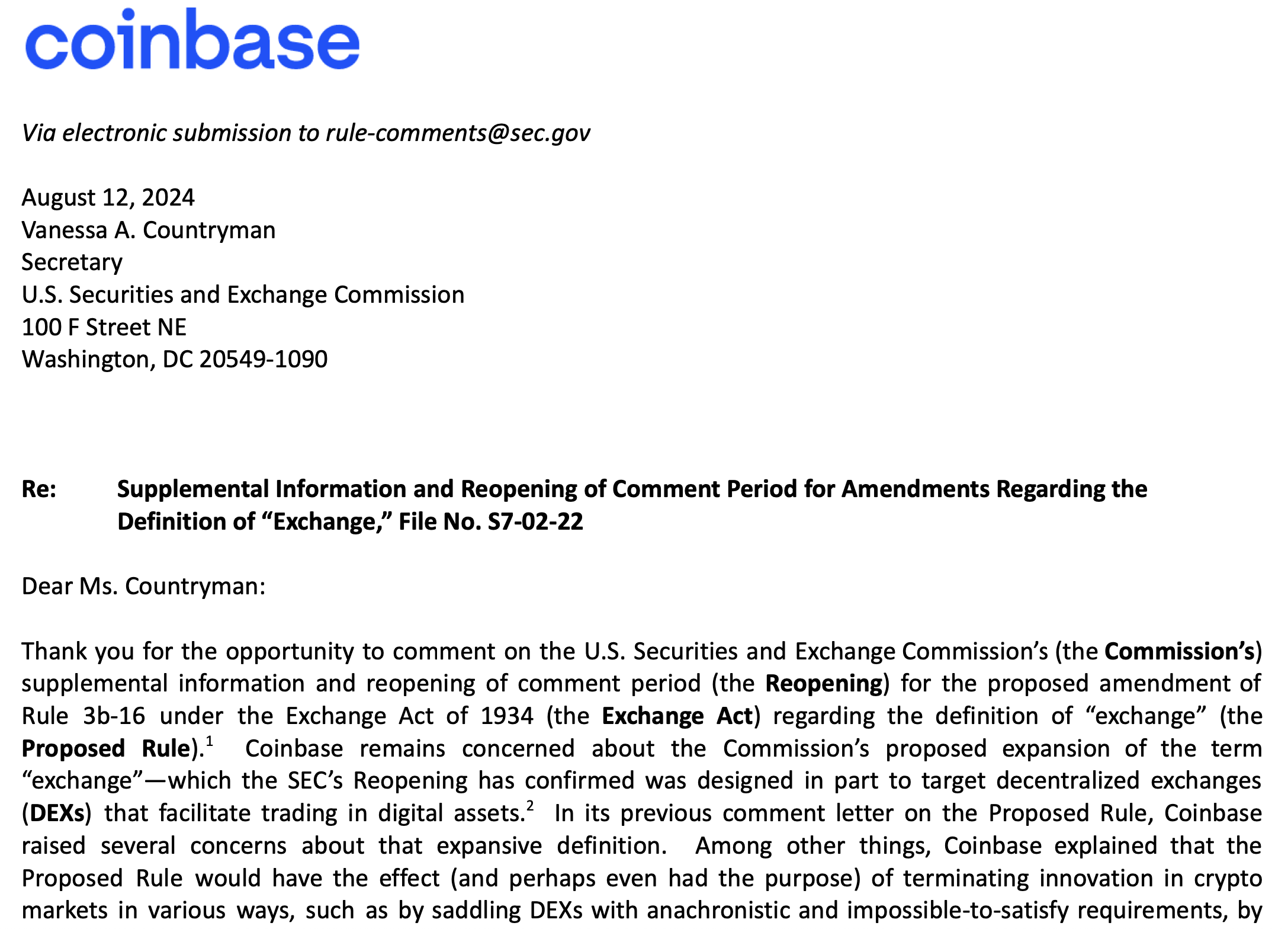 Lá thư bình luận thứ ba của Coinbase về thay đổi quy tắc đề xuất đối với định nghĩa của một sàn giao dịch. Nguồn: Coinbase