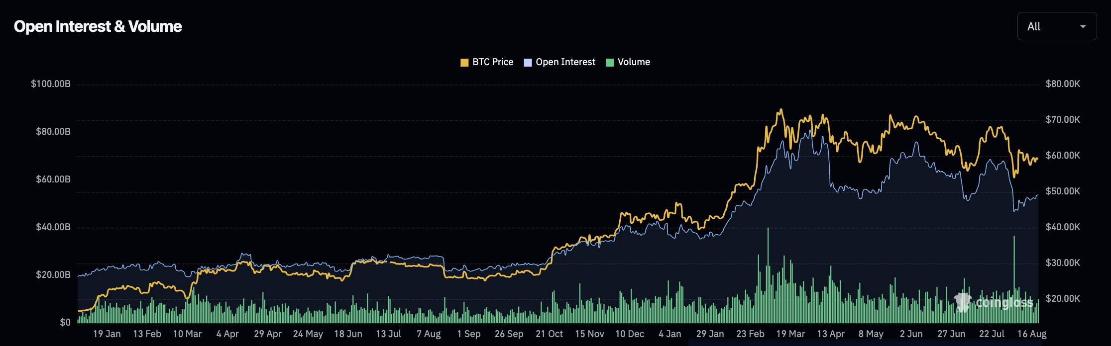 Open interest in crypto perpetual trading from January 2023 through August 2024, charted with the price of Bitcoin. Source: CoinGlass