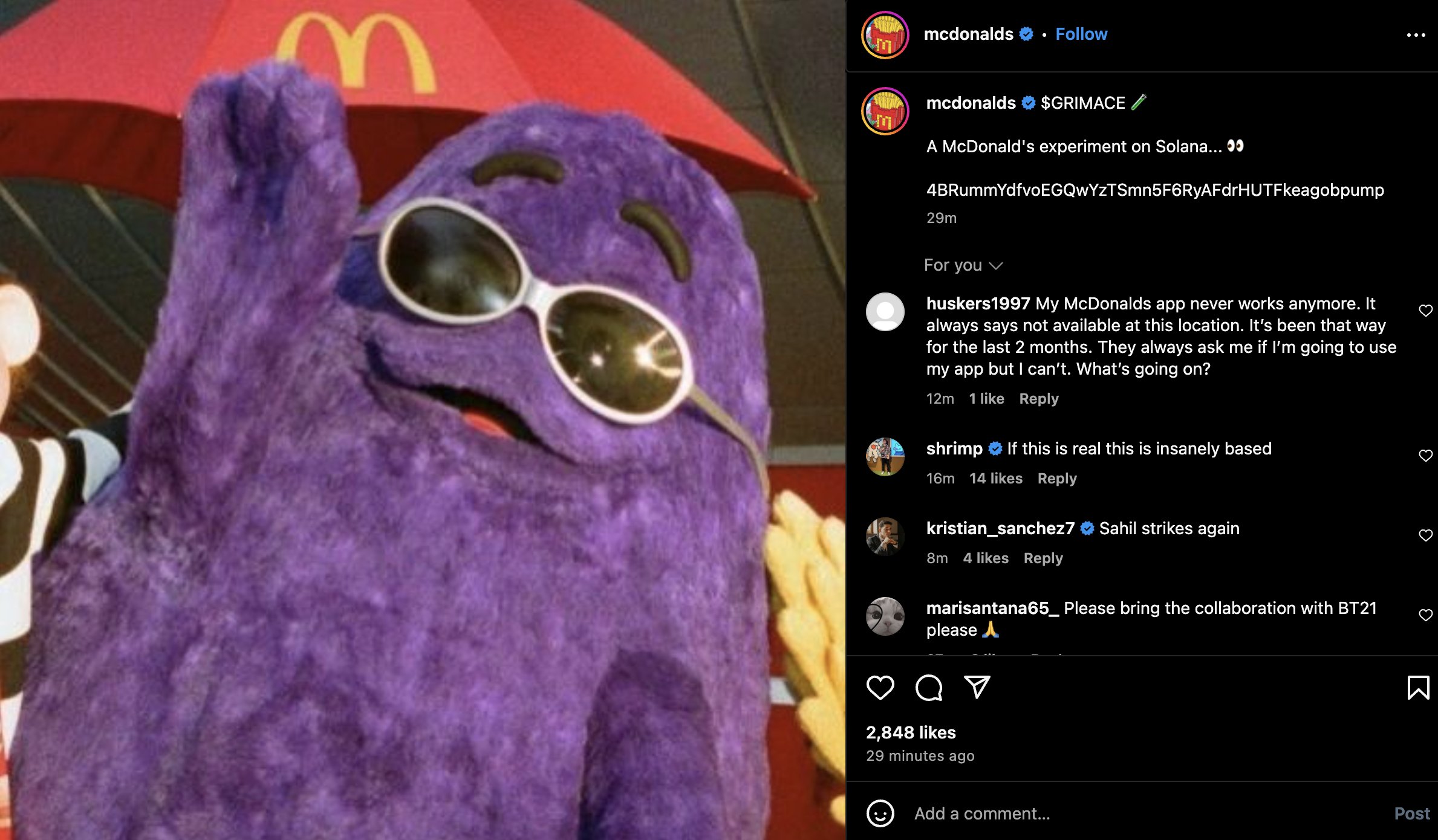 Ảnh chụp màn hình trang Instagram của McDonald’s quảng bá token Grimace. Nguồn: X