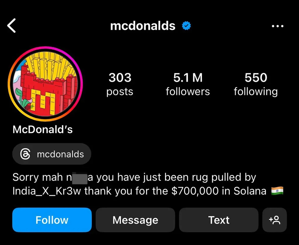 Ảnh chụp màn hình tiểu sử Instagram của McDonald’s khi bị hack. Nguồn: X