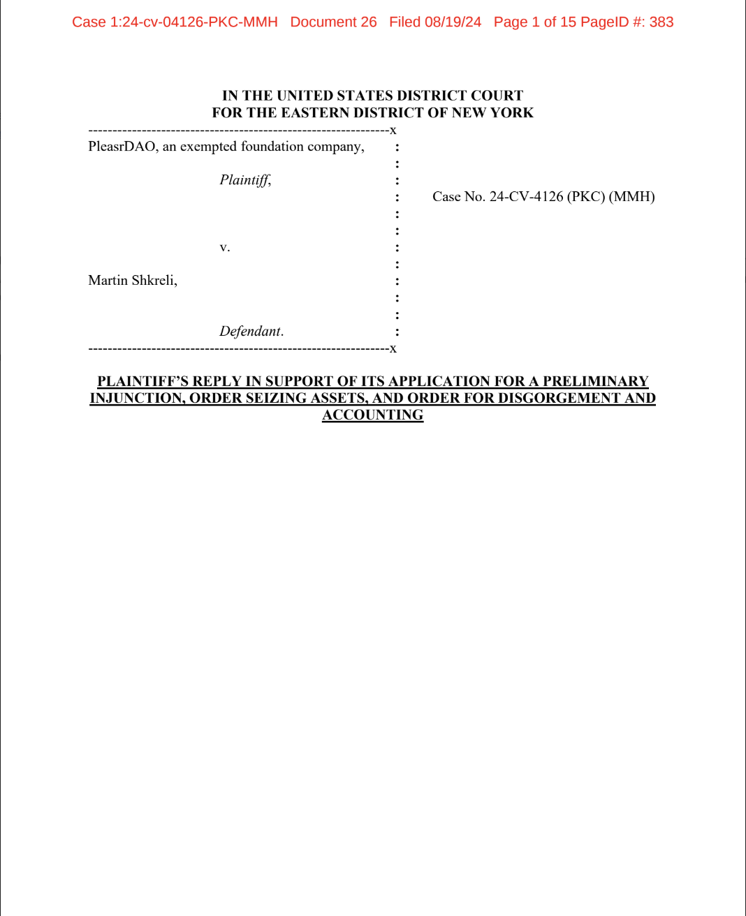 PleasrDAO motion for preliminary injunction. Source: Reed Smith LLP