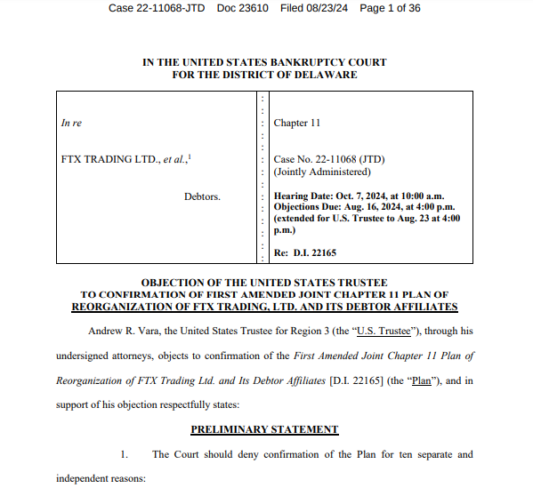 Phản đối của người ủy thác Hoa Kỳ đối với việc xác nhận kế hoạch tái tổ chức chung Chương 11 sửa đổi lần đầu của FTX
