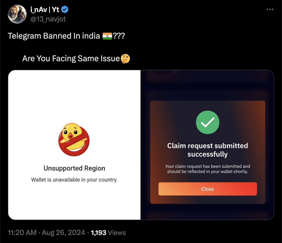 Một ví dụ về một trong nhiều báo cáo của người dùng cá nhân về việc Telegram Wallet ngừng hoạt động tại Ấn Độ. Nguồn: i_nAv|YT