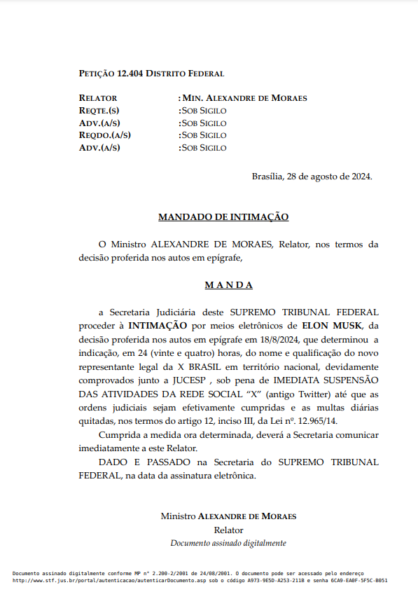 Lệnh từ Moraes yêu cầu Musk chỉ định một đại diện. Nguồn: STF