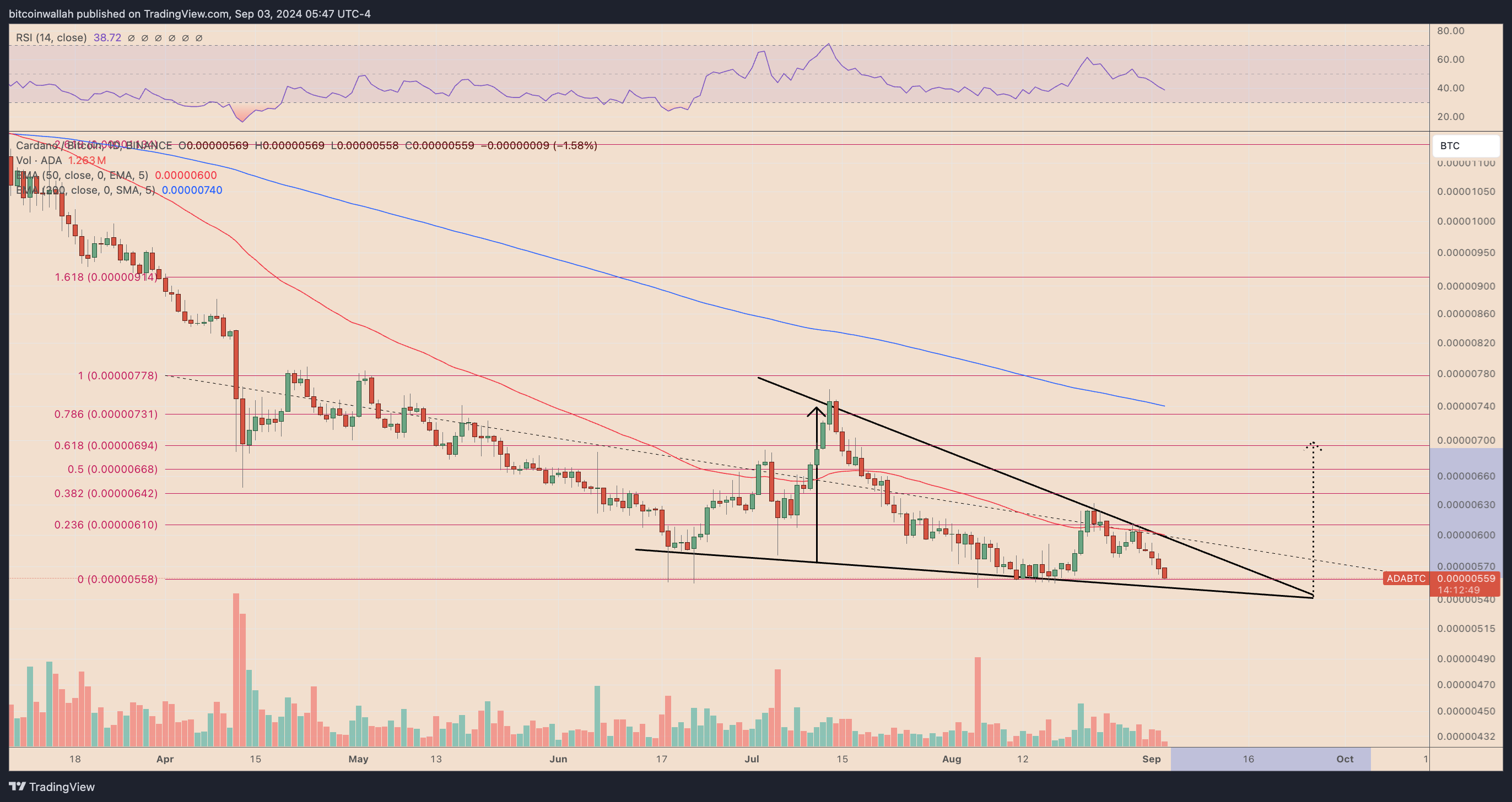 Biểu đồ giá hàng ngày ADA/BTC. Nguồn: TradingView