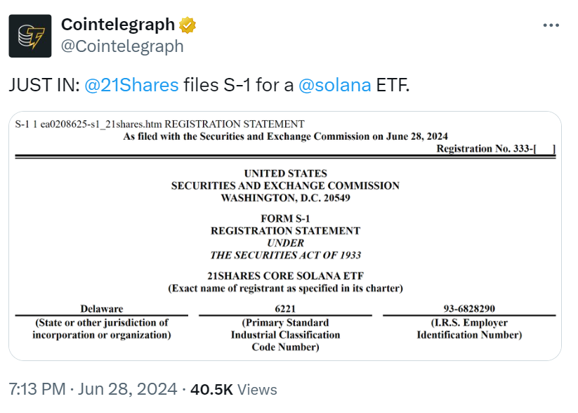 21Shares nộp Mẫu S-1 cho ETF Solana của mình