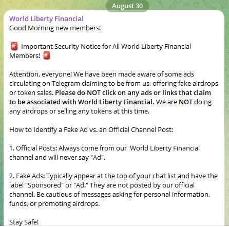 Cảnh báo đến các thành viên nhóm Telegram của họ. Nguồn: World Liberty Financial