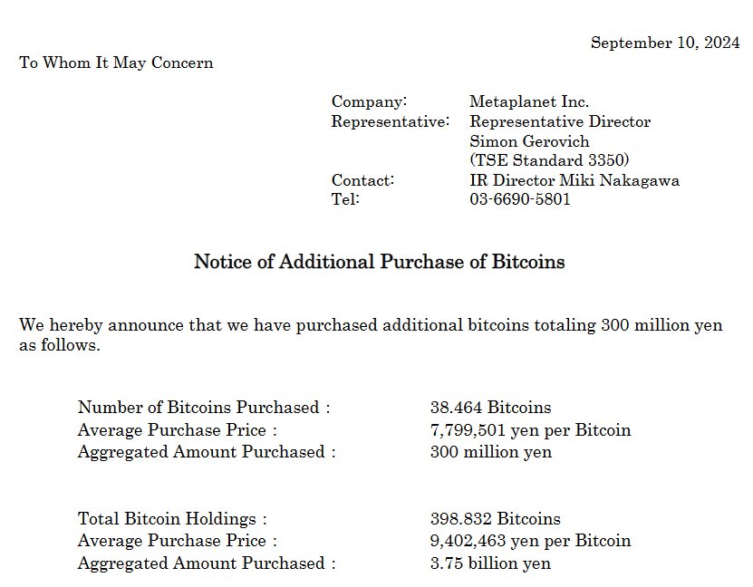 Tuyên bố mua Bitcoin của Metaplanet vào ngày 10 tháng 9. Nguồn: Metaplanet