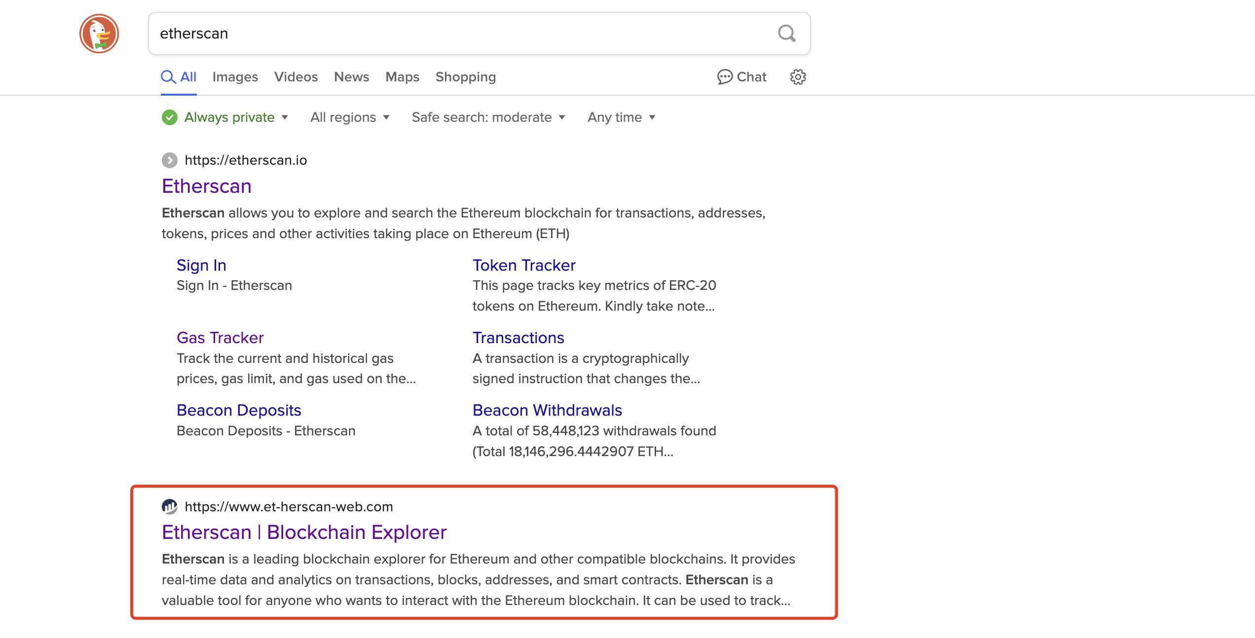 Kết quả tìm kiếm DuckDuckGo hiển thị trang web lừa đảo Etherscan. Nguồn: Scam Sniffer