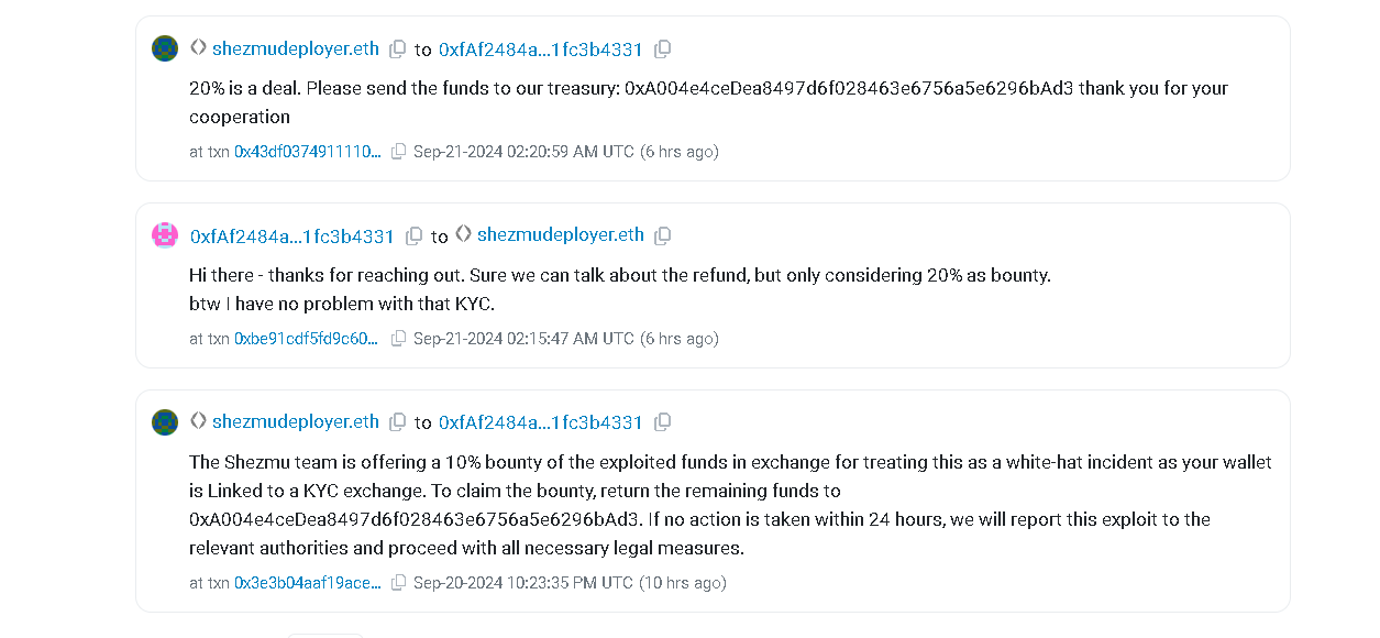 Đội ngũ Shezmu đàm phán việc trả lại tiền bị đánh cắp với hacker. Nguồn: Etherscan
