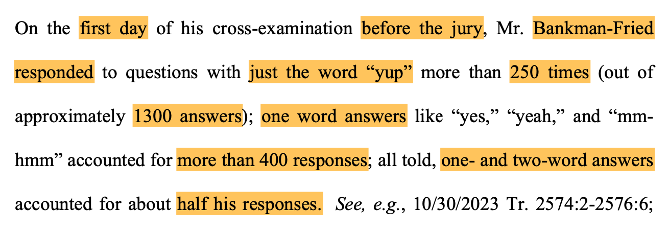 Đoạn trích nổi bật phân tích rằng Bankman-Fried đã đưa ra các câu trả lời một hoặc hai từ trong một nửa số câu trả lời của mình vào ngày đầu tiên trước bồi thẩm đoàn.