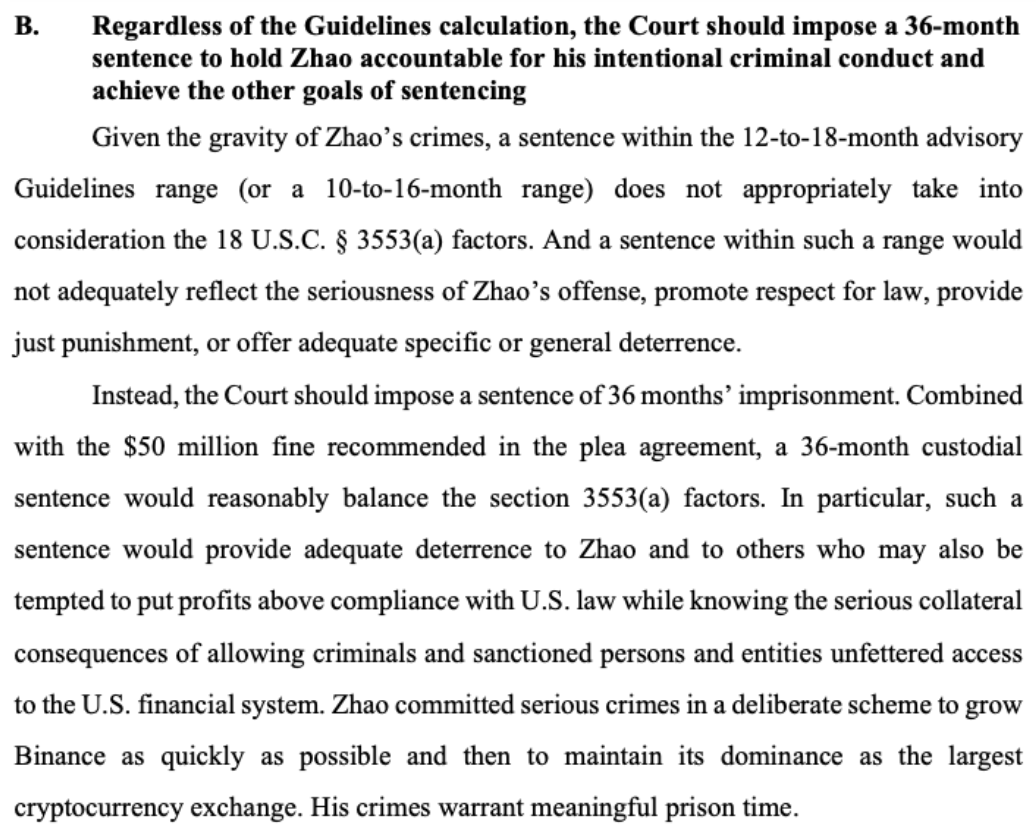 Một đoạn trích từ bản ghi nhớ kết án của Hoa Kỳ chống lại người sáng lập Binance Changpeng Zhao nộp vào ngày 23 tháng 4. Nguồn: Bwbx.io