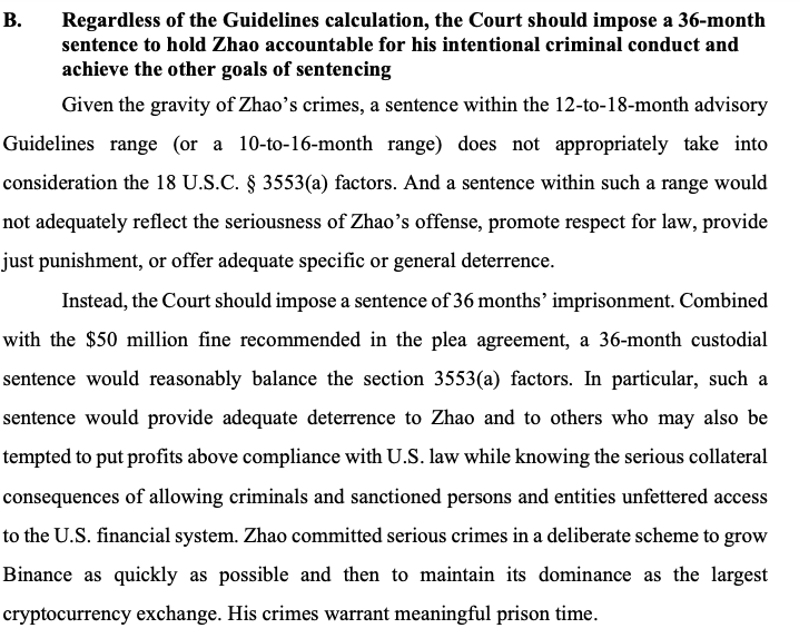 Một đoạn trích từ bản ghi nhớ kết án của Hoa Kỳ chống lại người sáng lập Binance Changpeng Zhao nộp vào ngày 23 tháng 4.