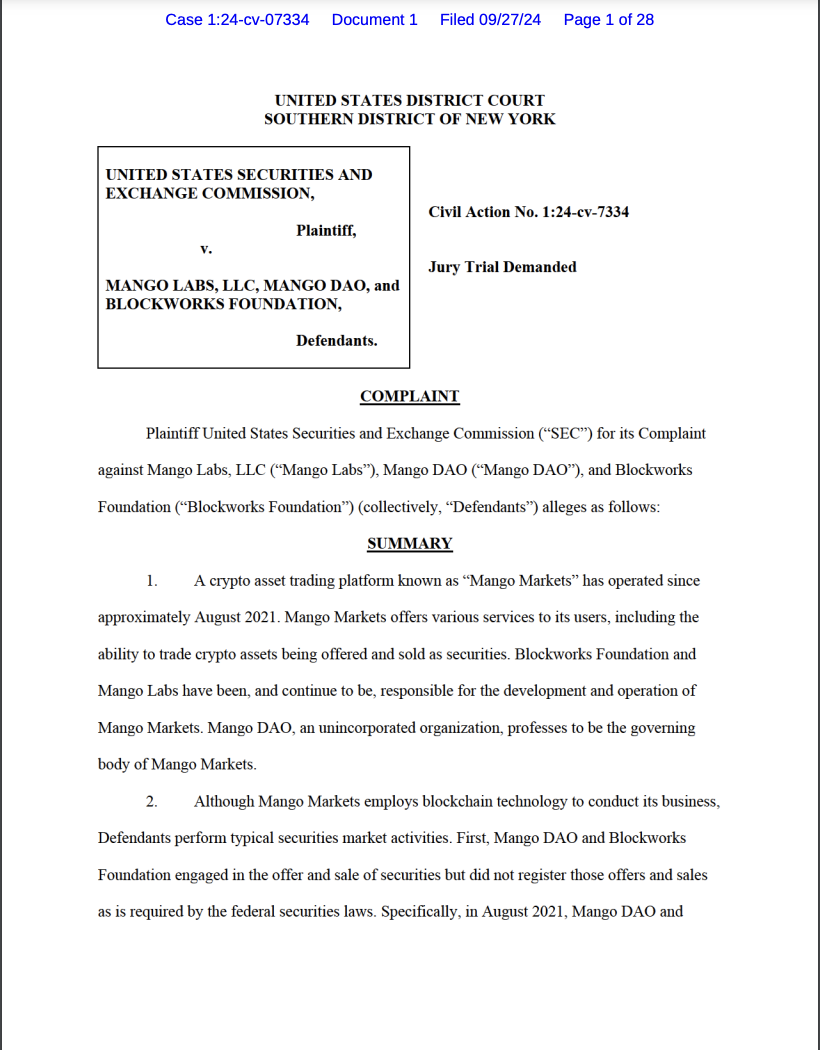 SEC complaint against Mango DAO, Mango Labs, and Blockworks Foundation. Source: SEC